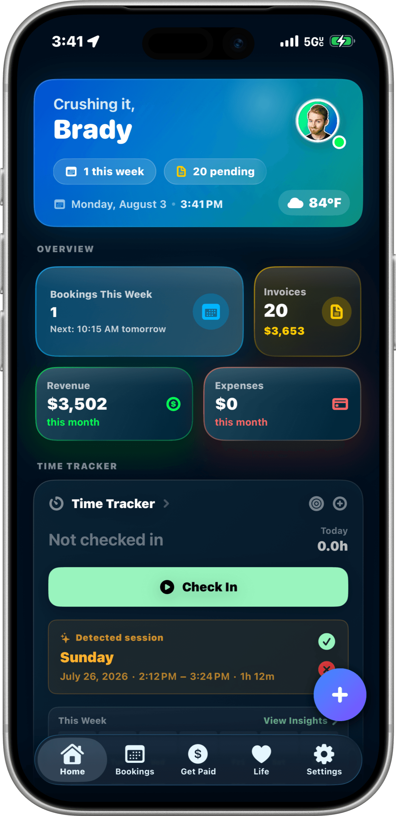 CalendTree running on iPhone, showing the home dashboard