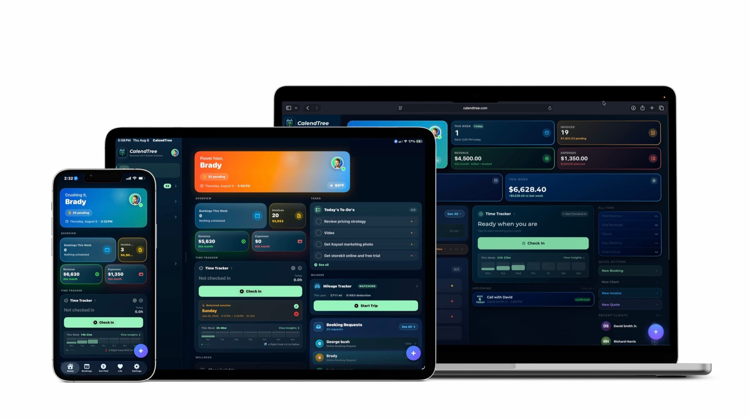 CalendTree running on an iPhone, an iPad, and a MacBook side by side